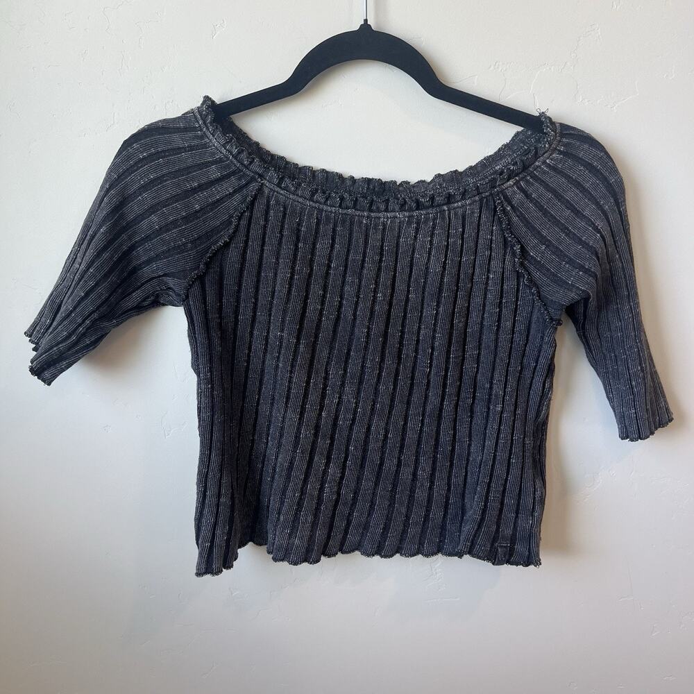 Free People Womens Shirt Grey Meant to Be Tee Ribbed Cropped Size Medium